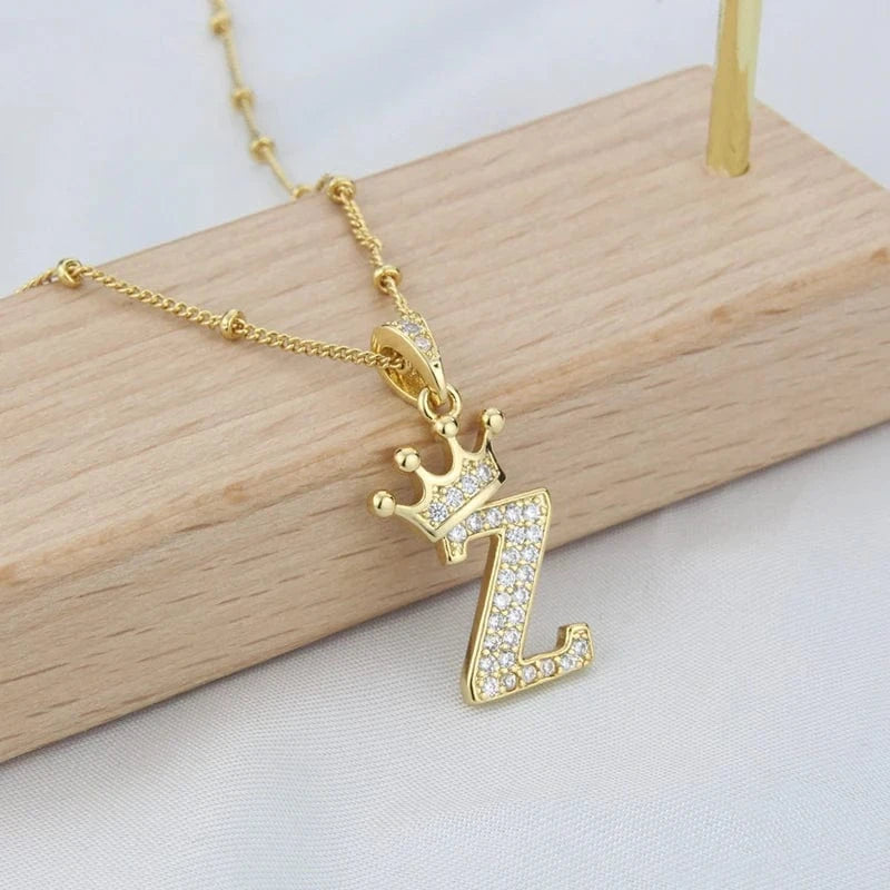 New Design Crown Letters Fashion Jewelry Brass Color Preservation Gold Plated With Zircon A-Z Pendant Chain Necklace For Women