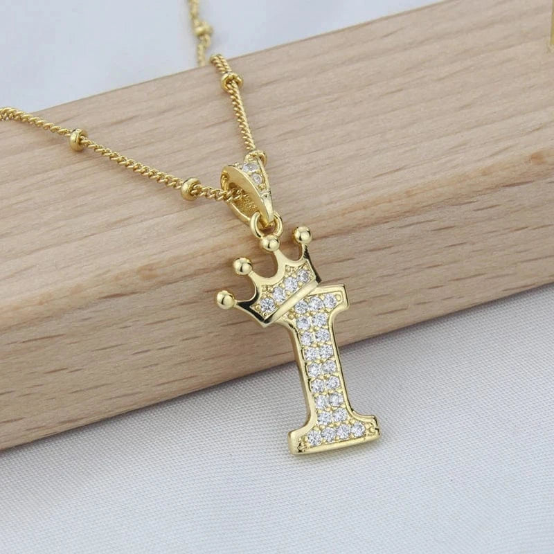New Design Crown Letters Fashion Jewelry Brass Color Preservation Gold Plated With Zircon A-Z Pendant Chain Necklace For Women