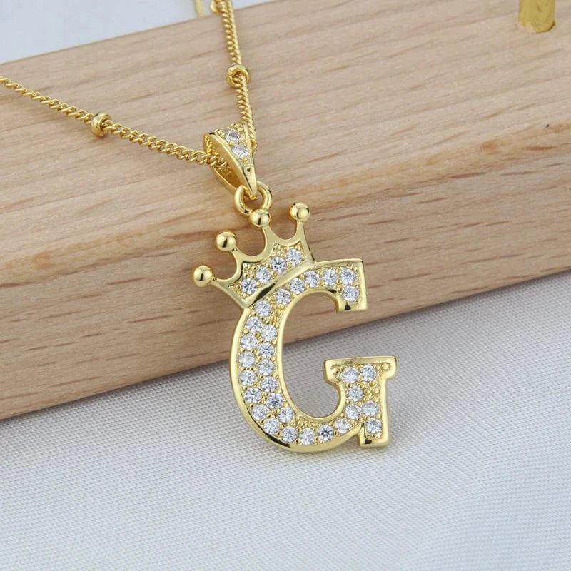 New Design Crown Letters Fashion Jewelry Brass Color Preservation Gold Plated With Zircon A-Z Pendant Chain Necklace For Women