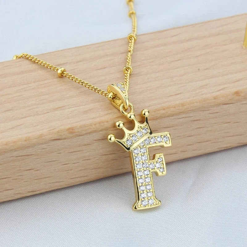 New Design Crown Letters Fashion Jewelry Brass Color Preservation Gold Plated With Zircon A-Z Pendant Chain Necklace For Women