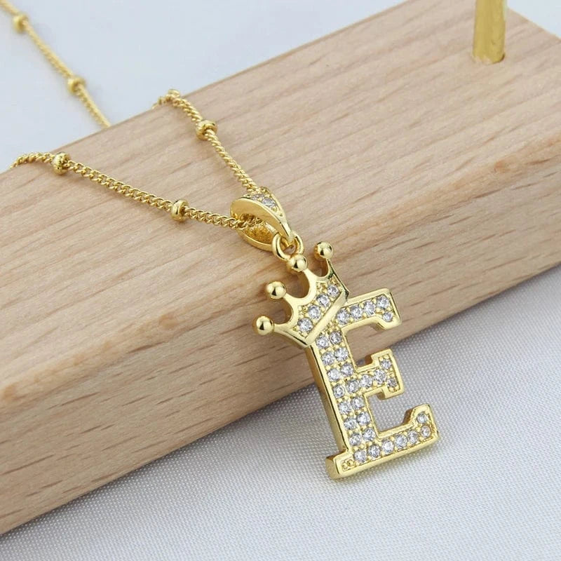 New Design Crown Letters Fashion Jewelry Brass Color Preservation Gold Plated With Zircon A-Z Pendant Chain Necklace For Women