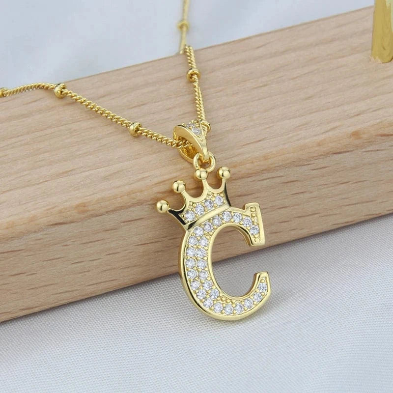 New Design Crown Letters Fashion Jewelry Brass Color Preservation Gold Plated With Zircon A-Z Pendant Chain Necklace For Women