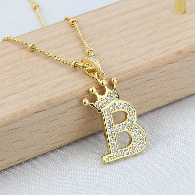 New Design Crown Letters Fashion Jewelry Brass Color Preservation Gold Plated With Zircon A-Z Pendant Chain Necklace For Women