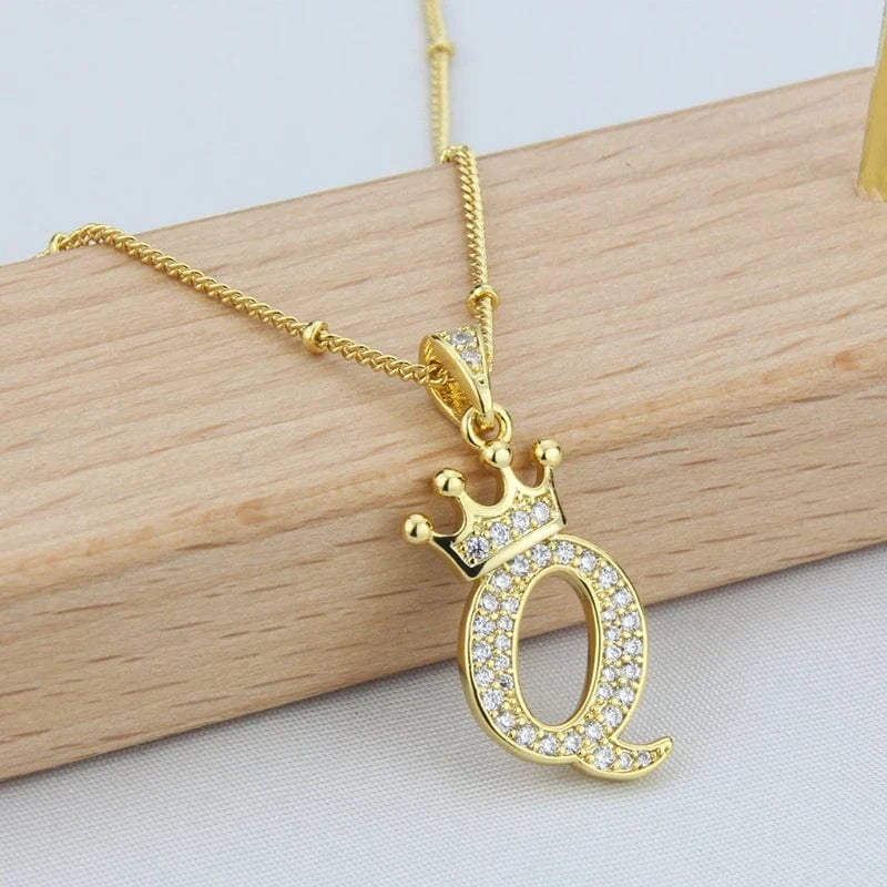 New Design Crown Letters Fashion Jewelry Brass Color Preservation Gold Plated With Zircon A-Z Pendant Chain Necklace For Women
