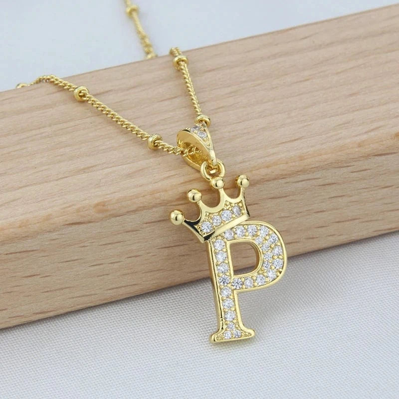 New Design Crown Letters Fashion Jewelry Brass Color Preservation Gold Plated With Zircon A-Z Pendant Chain Necklace For Women