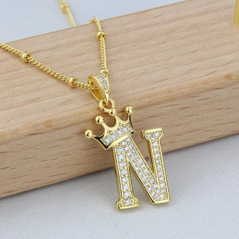 New Design Crown Letters Fashion Jewelry Brass Color Preservation Gold Plated With Zircon A-Z Pendant Chain Necklace For Women