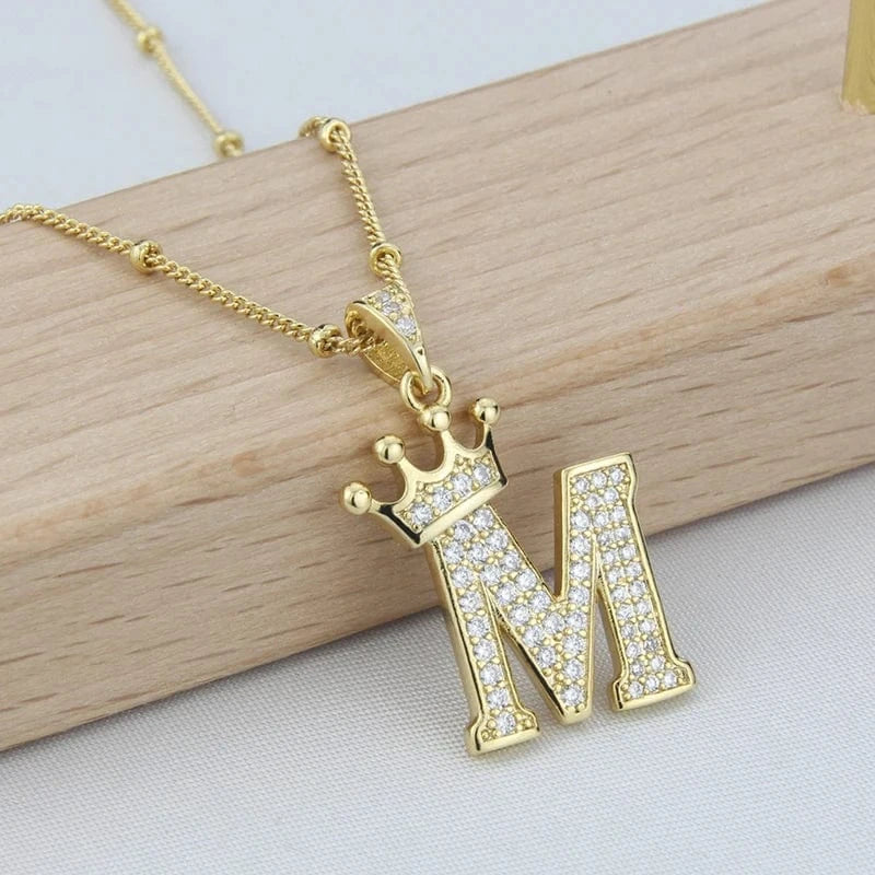 New Design Crown Letters Fashion Jewelry Brass Color Preservation Gold Plated With Zircon A-Z Pendant Chain Necklace For Women