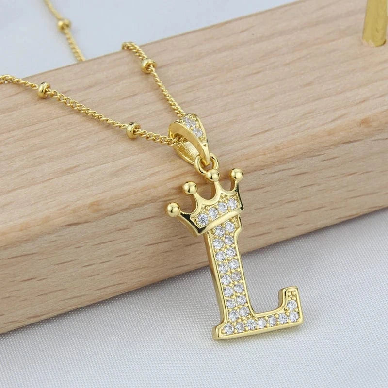 New Design Crown Letters Fashion Jewelry Brass Color Preservation Gold Plated With Zircon A-Z Pendant Chain Necklace For Women