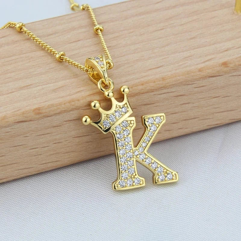 New Design Crown Letters Fashion Jewelry Brass Color Preservation Gold Plated With Zircon A-Z Pendant Chain Necklace For Women