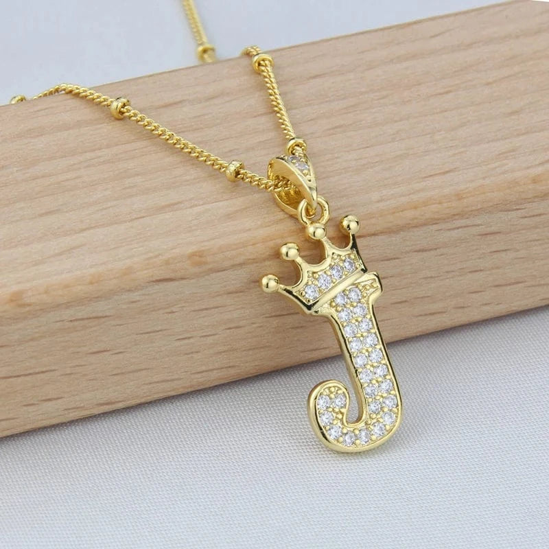 New Design Crown Letters Fashion Jewelry Brass Color Preservation Gold Plated With Zircon A-Z Pendant Chain Necklace For Women