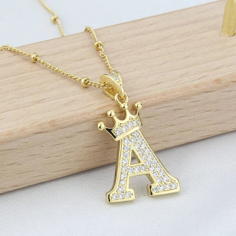 New Design Crown Letters Fashion Jewelry Brass Color Preservation Gold Plated With Zircon A-Z Pendant Chain Necklace For Women