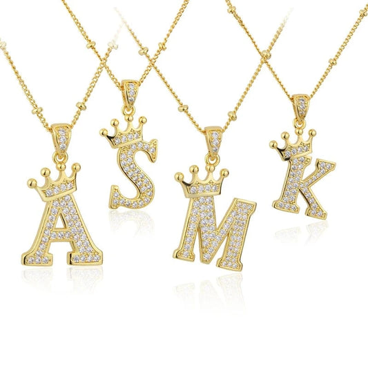 New Design Crown Letters Fashion Jewelry Brass Color Preservation Gold Plated With Zircon A-Z Pendant Chain Necklace For Women