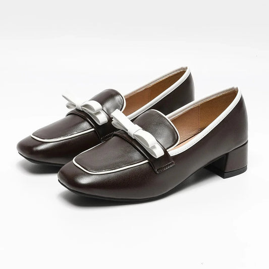 New design Custom Leather Shoes Loafers Women Retro 2023 New Italian Leather High Heels Shoes Slip On Bow Ladies High Heel Shoes