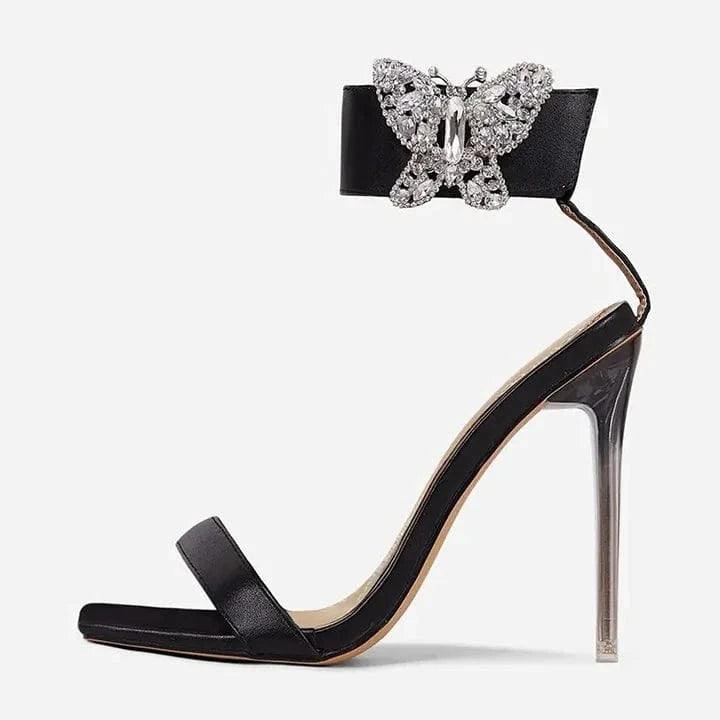 New Design Diamante Butterfly Detail Ankle Strap Square Open Toe Clear Perspex Heel In Black Faux Leather sandals
