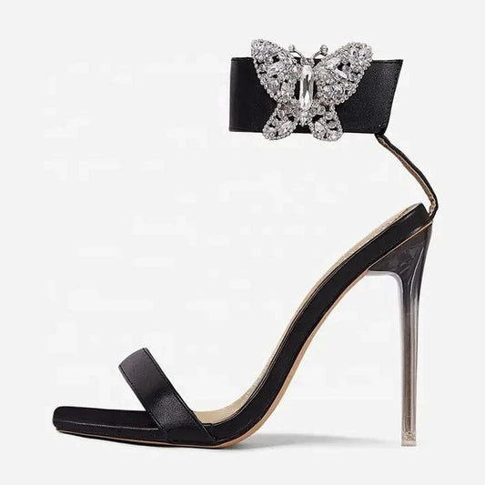 New Design Diamante Butterfly Detail Ankle Strap Square Open Toe Clear Perspex Heel In Black Faux Leather sandals