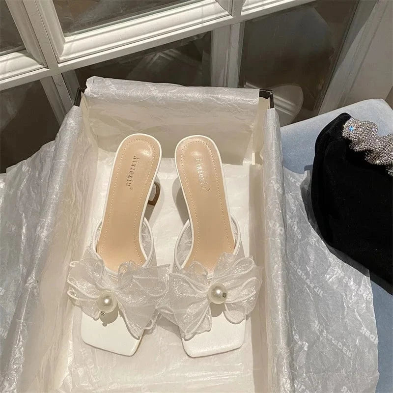 New design elegant women front yarn bow Pearl romantic dream girls comfortable open square toe mid thin stiletto heels flats