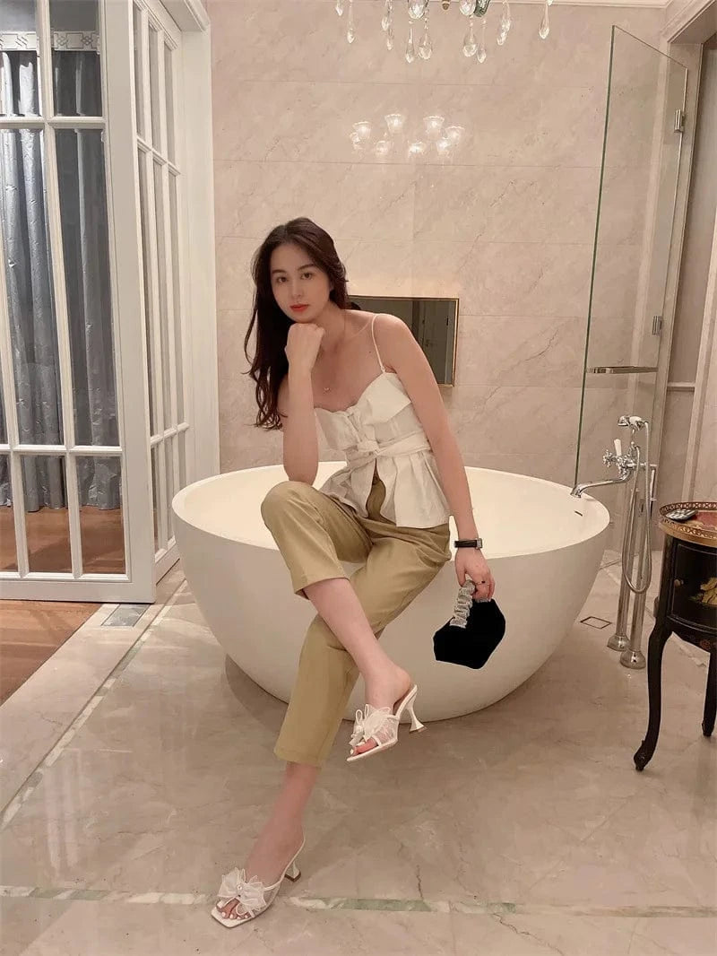 New design elegant women front yarn bow Pearl romantic dream girls comfortable open square toe mid thin stiletto heels flats