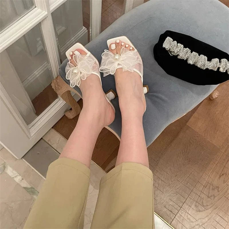 New design elegant women front yarn bow Pearl romantic dream girls comfortable open square toe mid thin stiletto heels flats