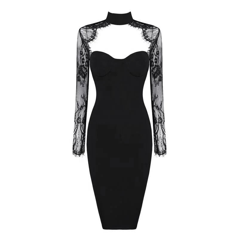 New design lace patchwork sexy long sleeve bandage dress evening party elegant women 's casual dresses