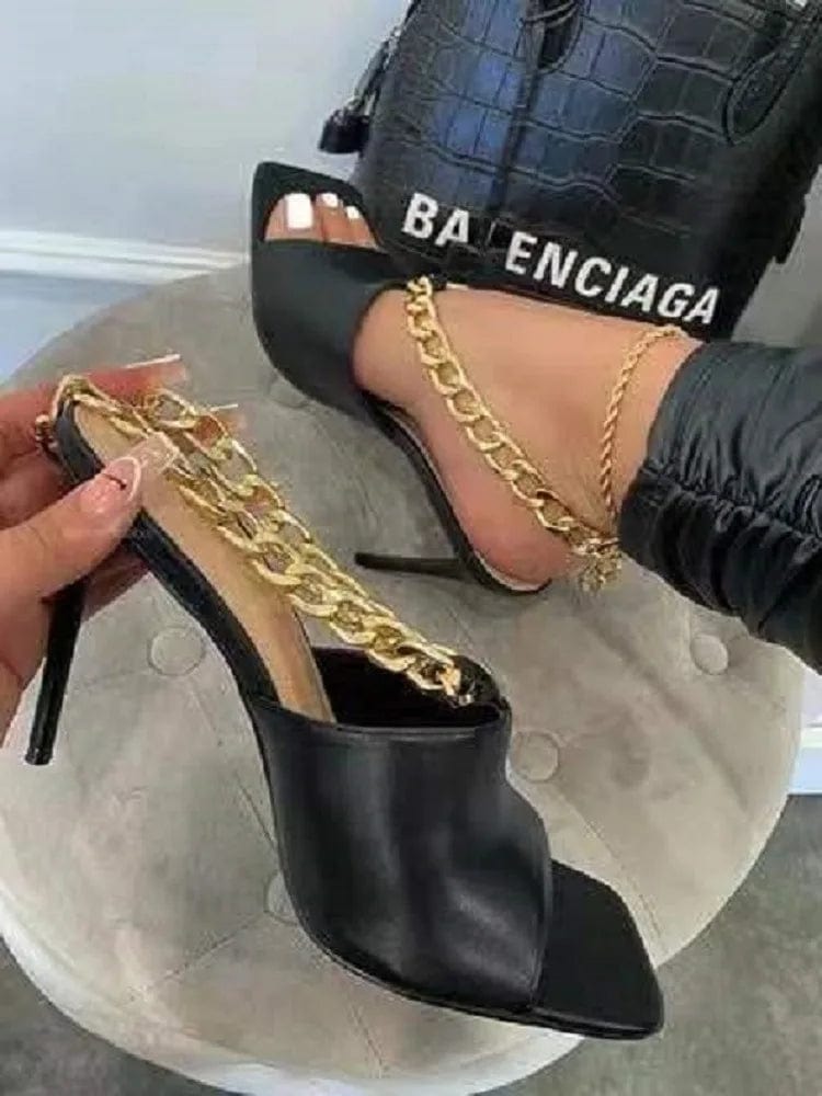 New design Metal Chain women's high heel Sandals chaussures femmes Open toe Dew heel soft leather shoes Square head for ladies