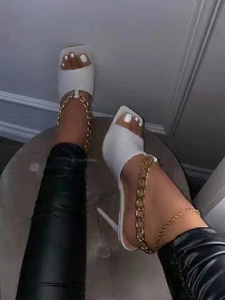 New design Metal Chain women's high heel Sandals chaussures femmes Open toe Dew heel soft leather shoes Square head for ladies