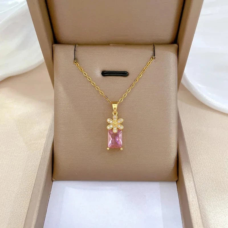 New Design / Necklace Fashion Hot Selling Pink Zircon Fine Jewelry Setcrystal Vintage Stainless Steel Jewelry Set For Women