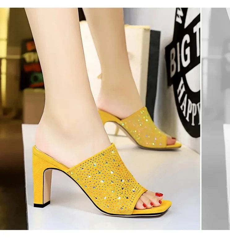New Design Open Toe diamond upper Sandals block heel Shoes Women Square Peep Toe High Heels Mules For Ladies