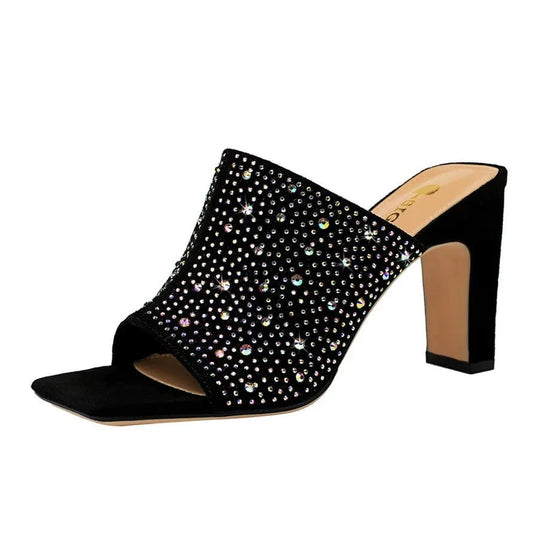 New Design Open Toe diamond upper Sandals block heel Shoes Women Square Peep Toe High Heels Mules For Ladies