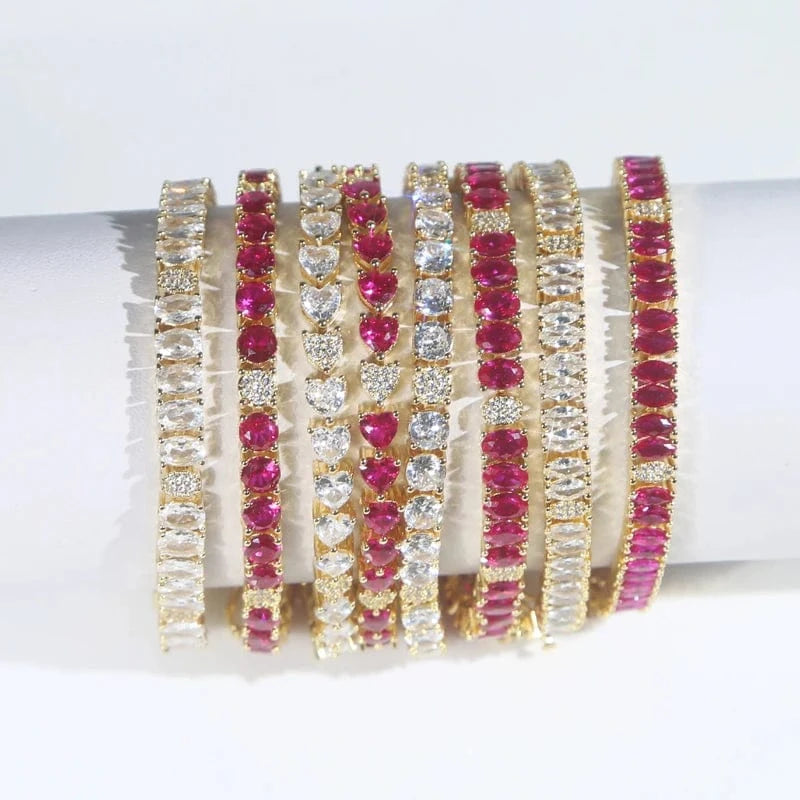 New  Design Pink White Marquise Pear Oval Round 5A CZ Tennis Chain Bracelet Bangle Charm Women High Quality Jewelry