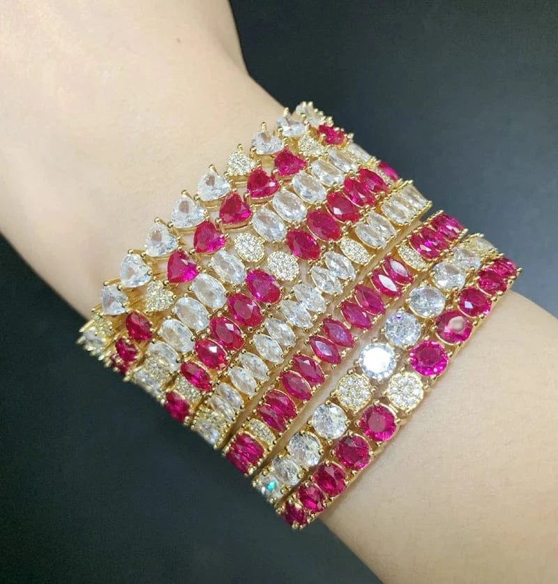 New  Design Pink White Marquise Pear Oval Round 5A CZ Tennis Chain Bracelet Bangle Charm Women High Quality Jewelry