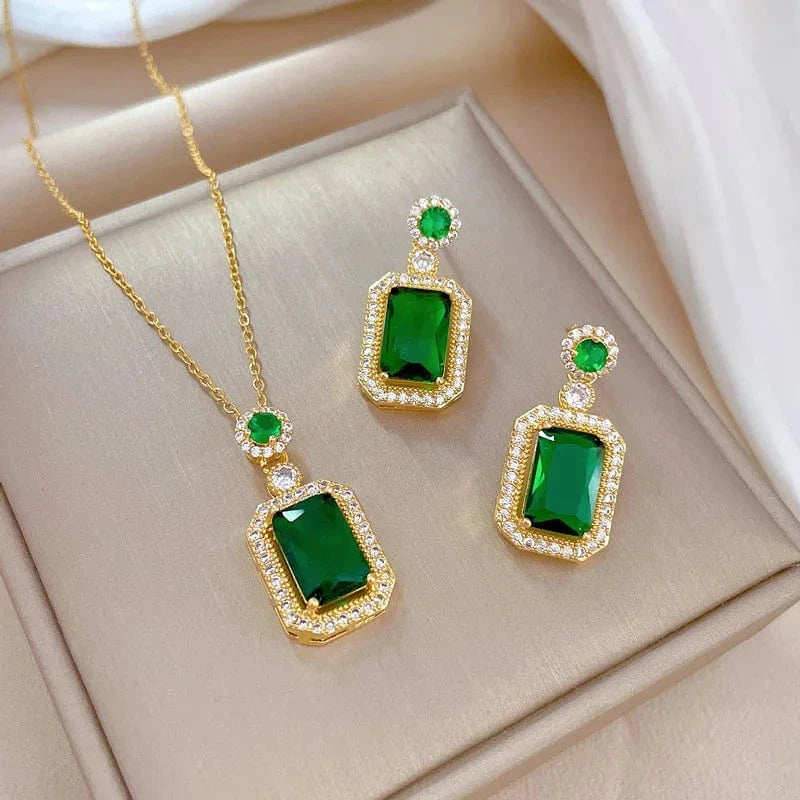 New Design / Set Fashion Crystal Emerald Green Necklace Earring set 18k Gold Plated Jewelry Set Pendant Earring Ring Set Jewelry Accessories
