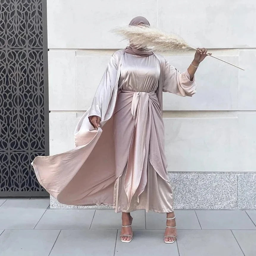 New Designs Arrival Satin Dress Set For Women With Hijab Slip Inner Dress Outer Abaya