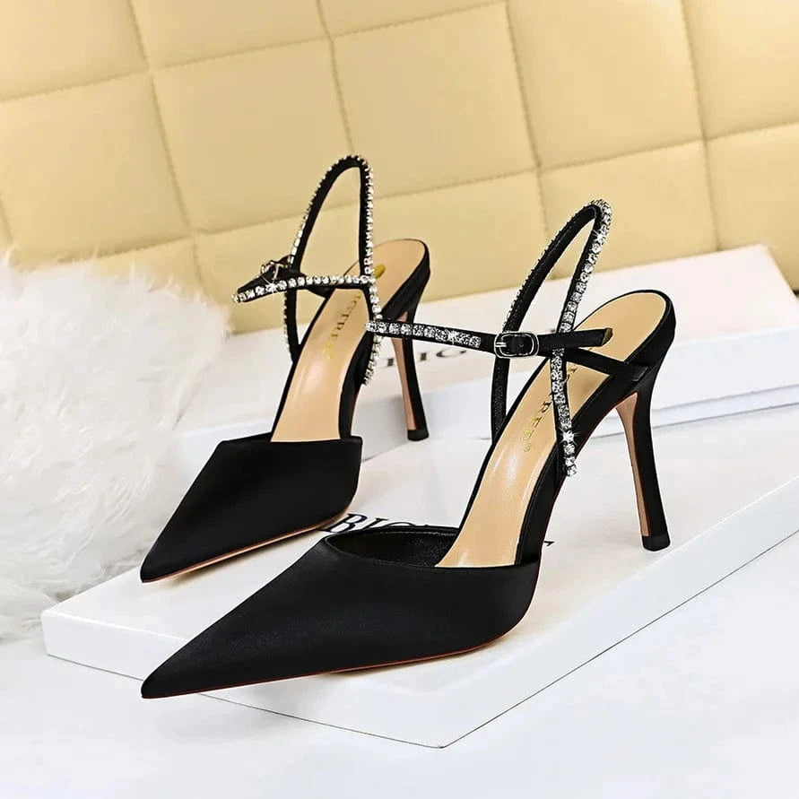 New Dress Shoes Party Banquet Stiletto High Heels Satin Hollow Summer Women's Shoes Rhinestones Heels For Ladies Sandals