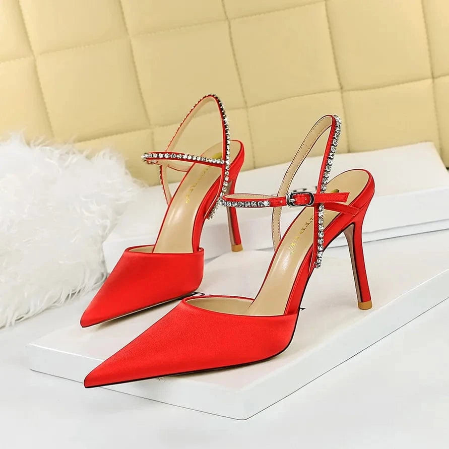 New Dress Shoes Party Banquet Stiletto High Heels Satin Hollow Summer Women's Shoes Rhinestones Heels For Ladies Sandals