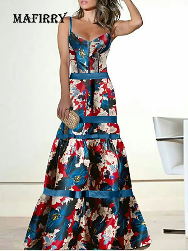 New Dresses Summer For Women 2022 Sleeveless Long Party Dress Printed Sexy Deep V - Neck Patchwork Ladies Sling Dress Dropshipping - SN Wigs & More