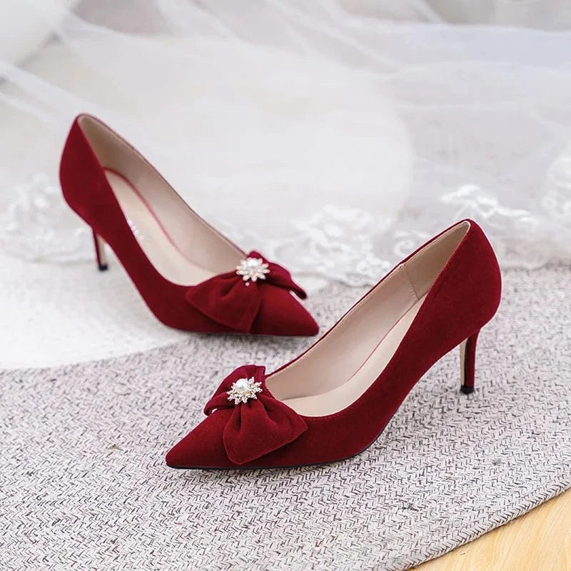 New Elegant Bridals High Heels Pumps Pearl Bowknot Silk Satin Stilettos Dress Shoes For Wedding Banquets