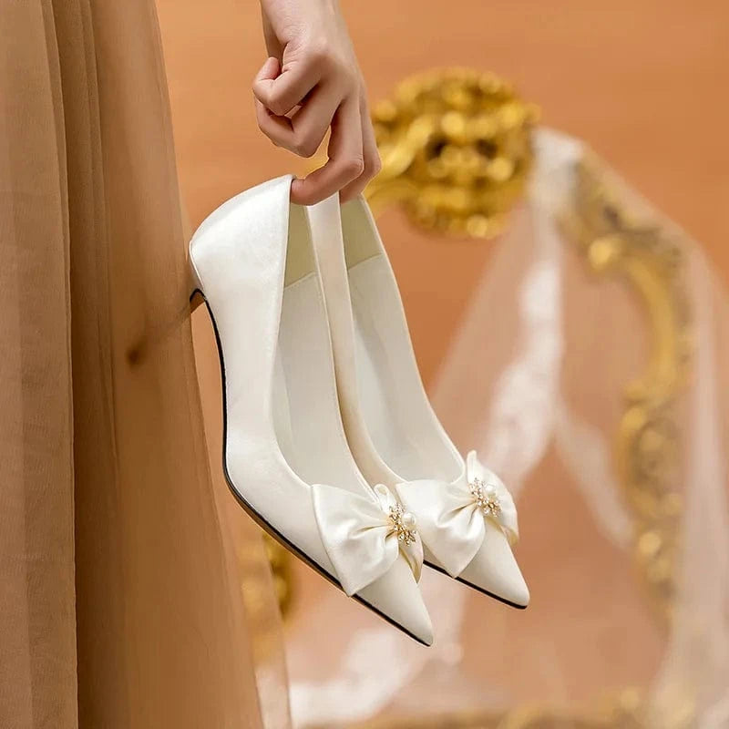 New Elegant Bridals High Heels Pumps Pearl Bowknot Silk Satin Stilettos Dress Shoes For Wedding Banquets