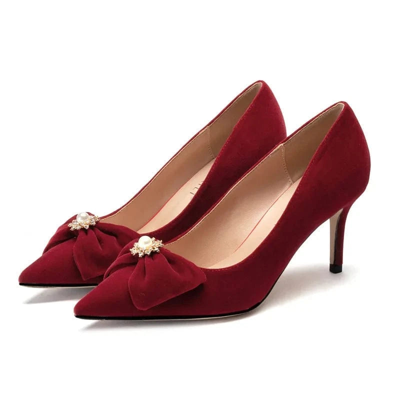 New Elegant Bridals High Heels Pumps Pearl Bowknot Silk Satin Stilettos Dress Shoes For Wedding Banquets
