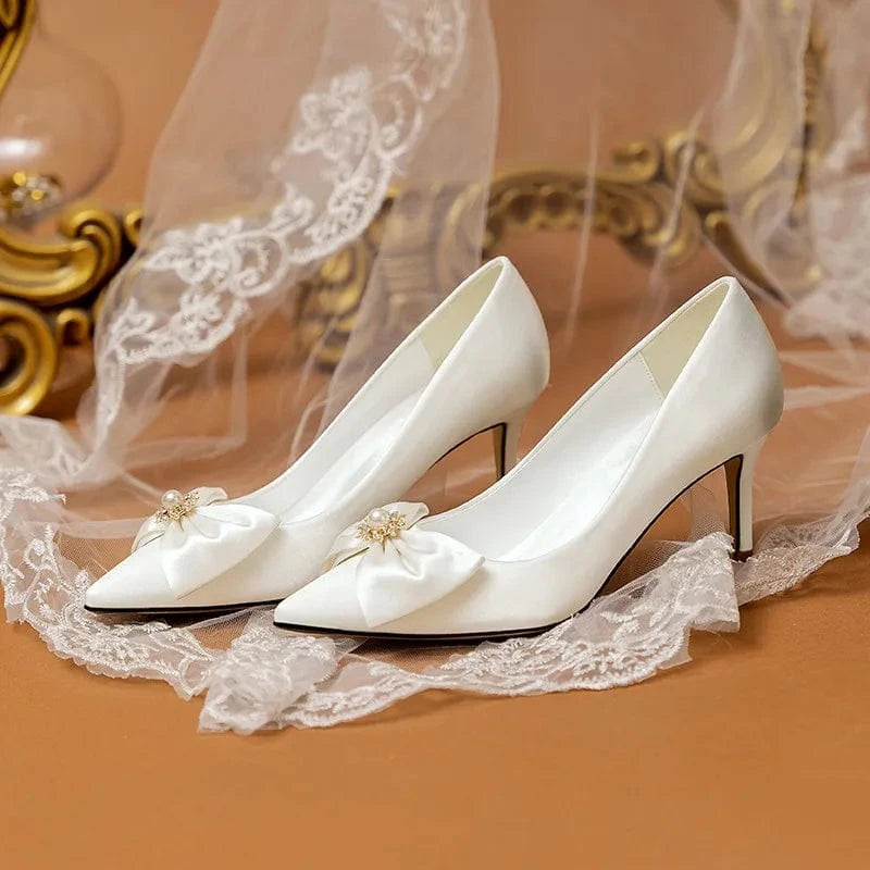 New Elegant Bridals High Heels Pumps Pearl Bowknot Silk Satin Stilettos Dress Shoes For Wedding Banquets