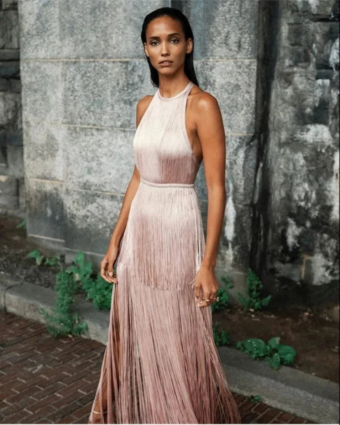 New Elegant Long Tassel Party Evening Dress O-Neck Bandage Dress Sexy Midi Bodycon Casual Dress High Quality Vestidos for Woman