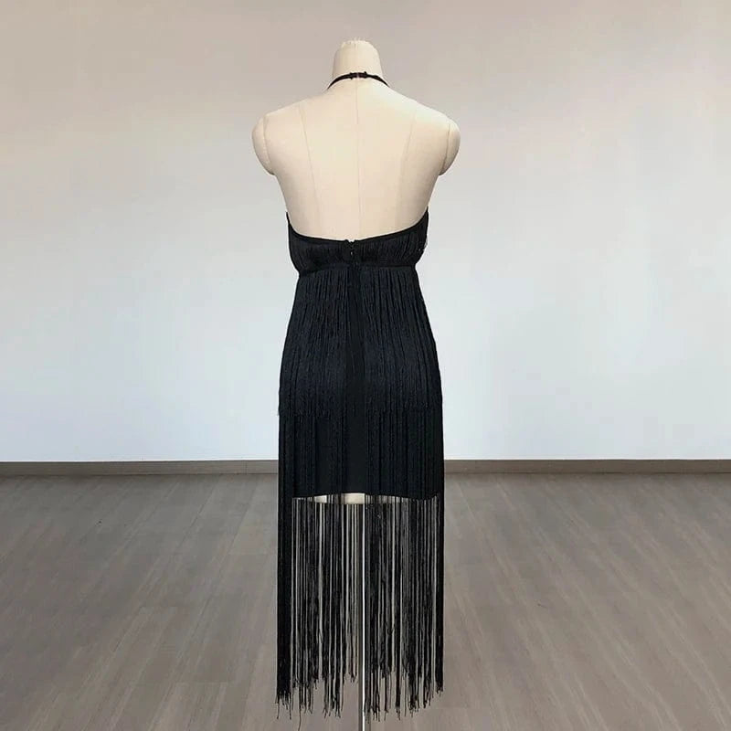 New Elegant Long Tassel Party Evening Dress O-Neck Bandage Dress Sexy Midi Bodycon Casual Dress High Quality Vestidos for Woman