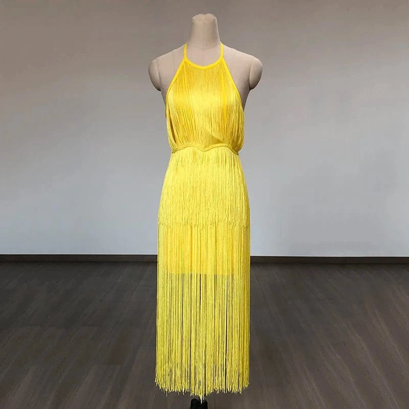 New Elegant Long Tassel Party Evening Dress O-Neck Bandage Dress Sexy Midi Bodycon Casual Dress High Quality Vestidos for Woman