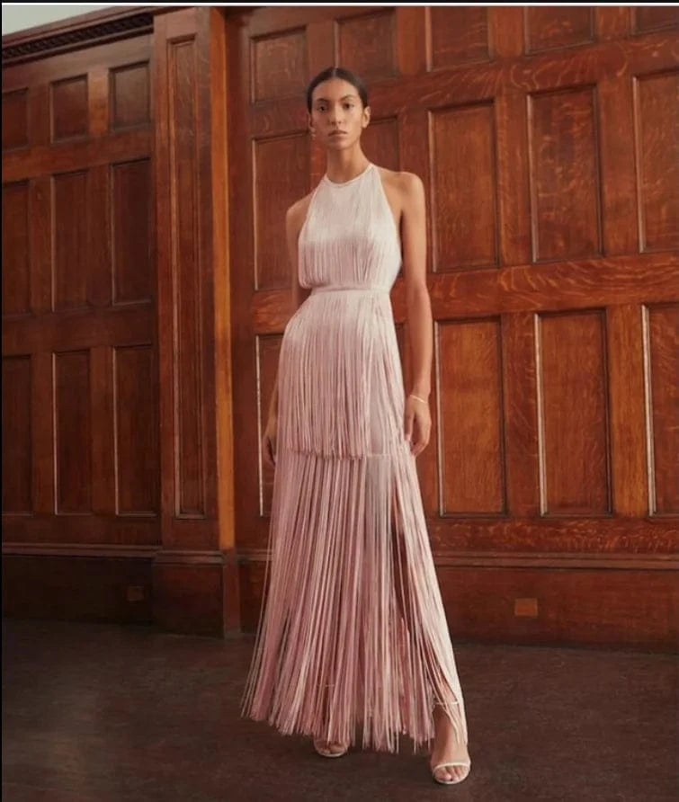 New Elegant Long Tassel Party Evening Dress O-Neck Bandage Dress Sexy Midi Bodycon Casual Dress High Quality Vestidos for Woman