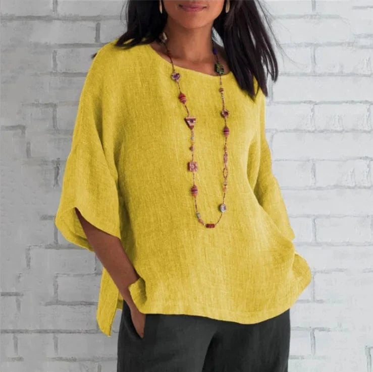 New European And American Women's Clothing 2024 Three-quarter Sleeve O-neck Cotton Linen Shirt Women's Top Casual Blouse