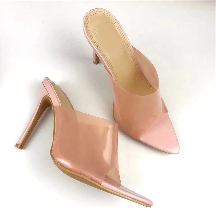 New European Fashion Summer pointed toe PVC transparent stylish stiletto high heel party office slide women heel sandals