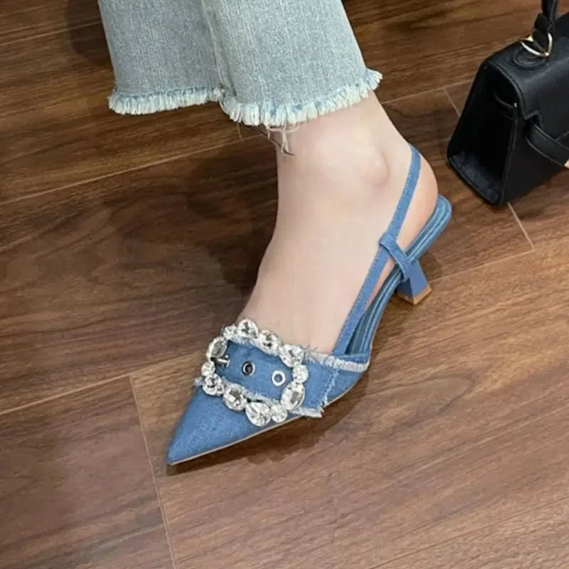 New European Slingback Fashion Denim Blue Zapatos De Mujer Summer Stiletto High Heels for Women Pumps Shoes
