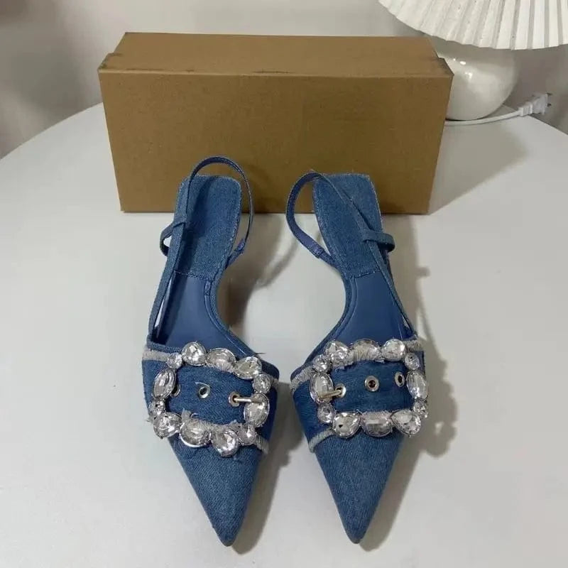 New European Slingback Fashion Denim Blue Zapatos De Mujer Summer Stiletto High Heels for Women Pumps Shoes