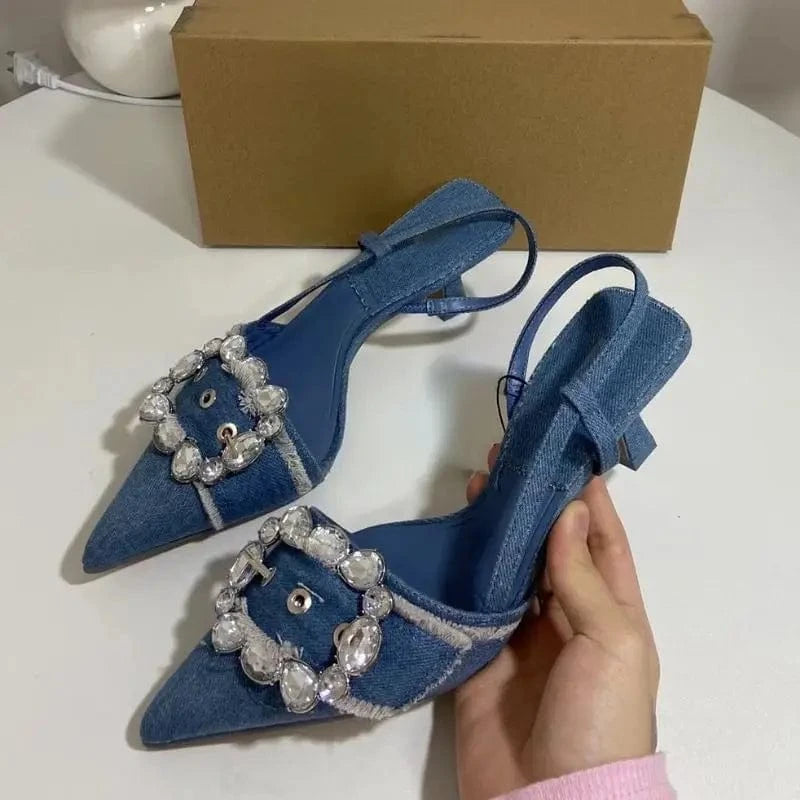 New European Slingback Fashion Denim Blue Zapatos De Mujer Summer Stiletto High Heels for Women Pumps Shoes