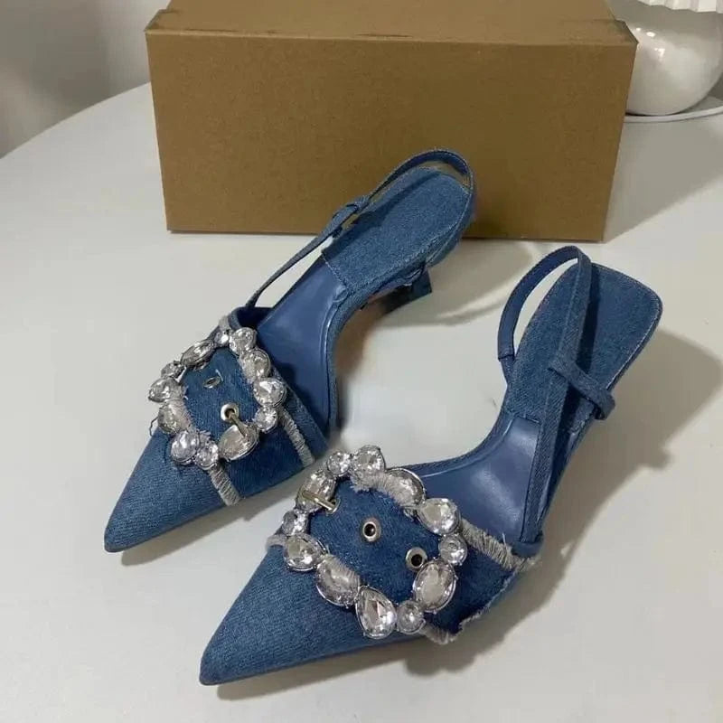 New European Slingback Fashion Denim Blue Zapatos De Mujer Summer Stiletto High Heels for Women Pumps Shoes