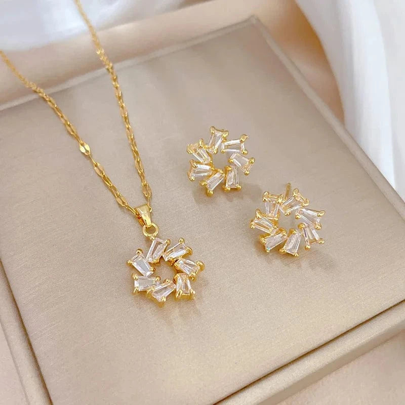 New Fashion 18K Gold Plated Stainless Steel Flower Necklace Earrings Rings Charm Pendant Women Jewelry Set